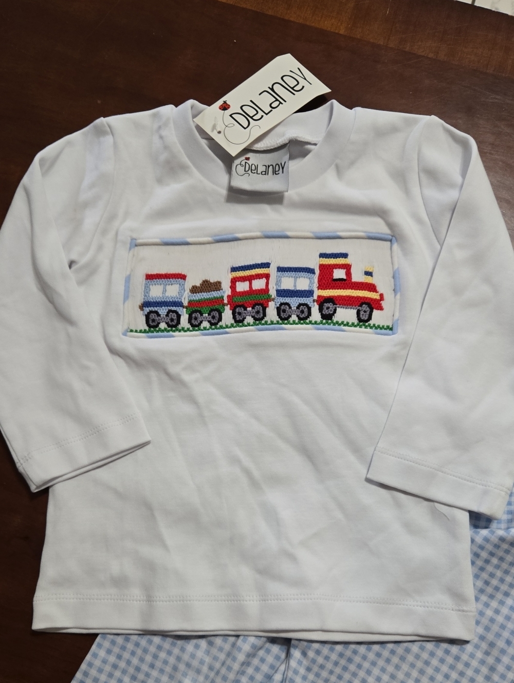 Delaney White and Light Blue Train-Embroidered Kids Smocked Set - Picture 3 of 5